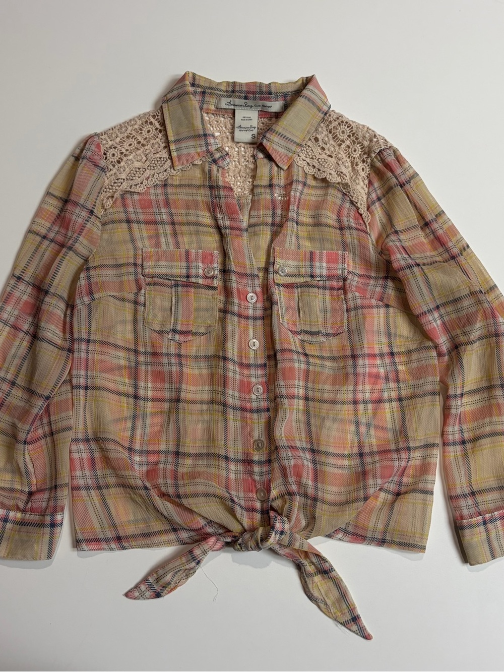 American Rag Pink and Yellow Plaid Lace-Shoulder Button Down Shirt